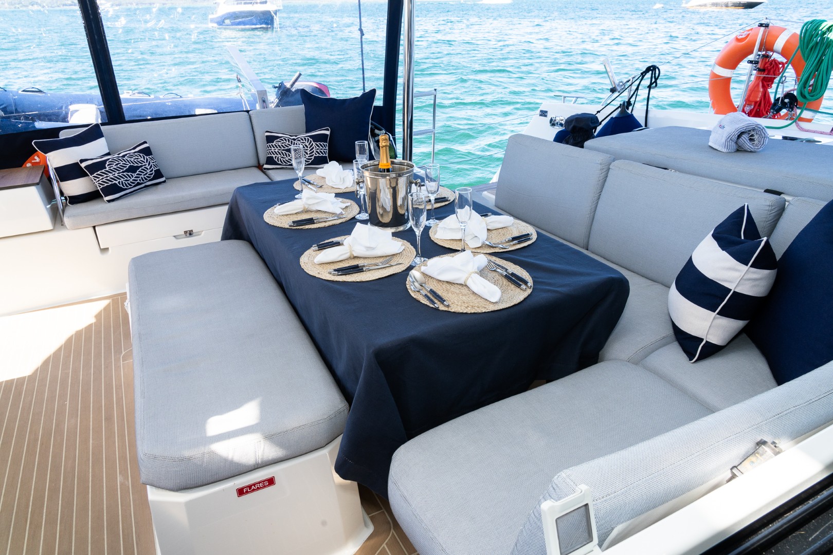 The aft deck set for lunch aboard Audacious Duo